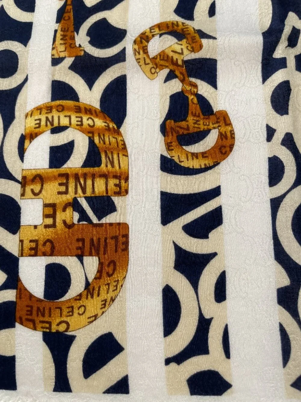 Celine Vintage Cotton Scarf Navy Ivory Gold Logo Stripe Print 22” - Picture 9 of 13